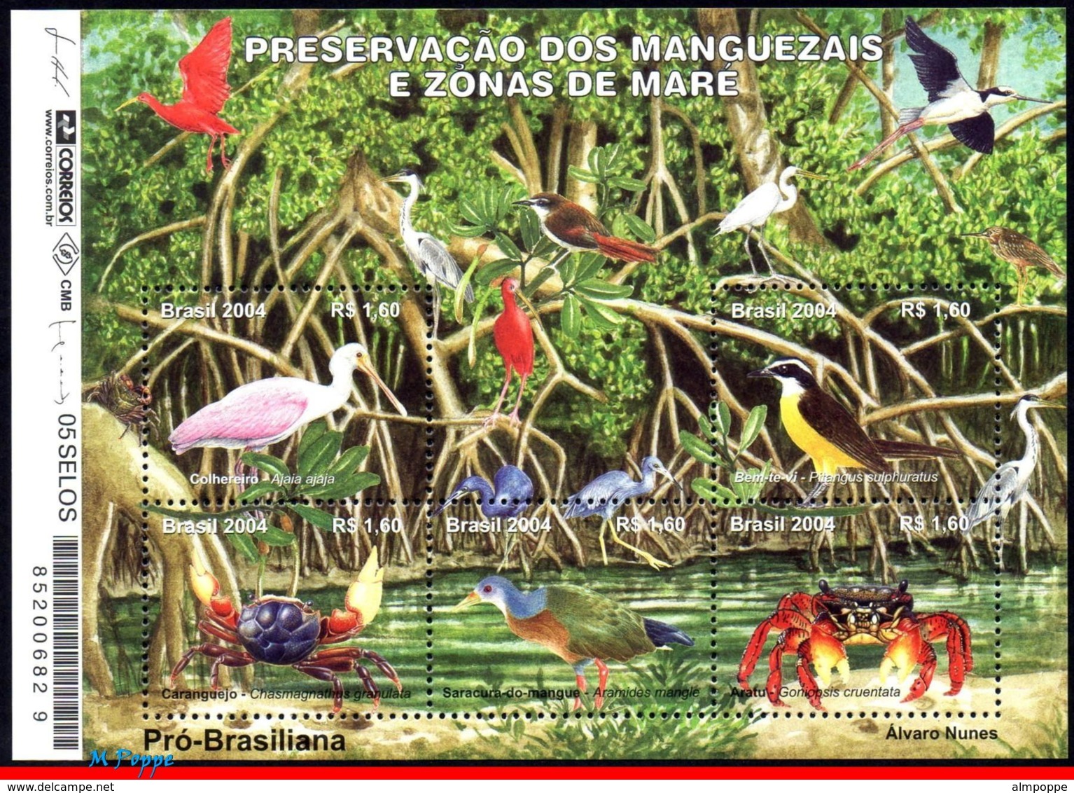 Ref. BR-2926 BRAZIL 2004 ANIMALS, FAUNA, PRESERVATION OF MANGROVE, SWAMPS, BIRDS, CRAB, MI# B127, S/S MNH 5V Sc# 2926 - Nuovi