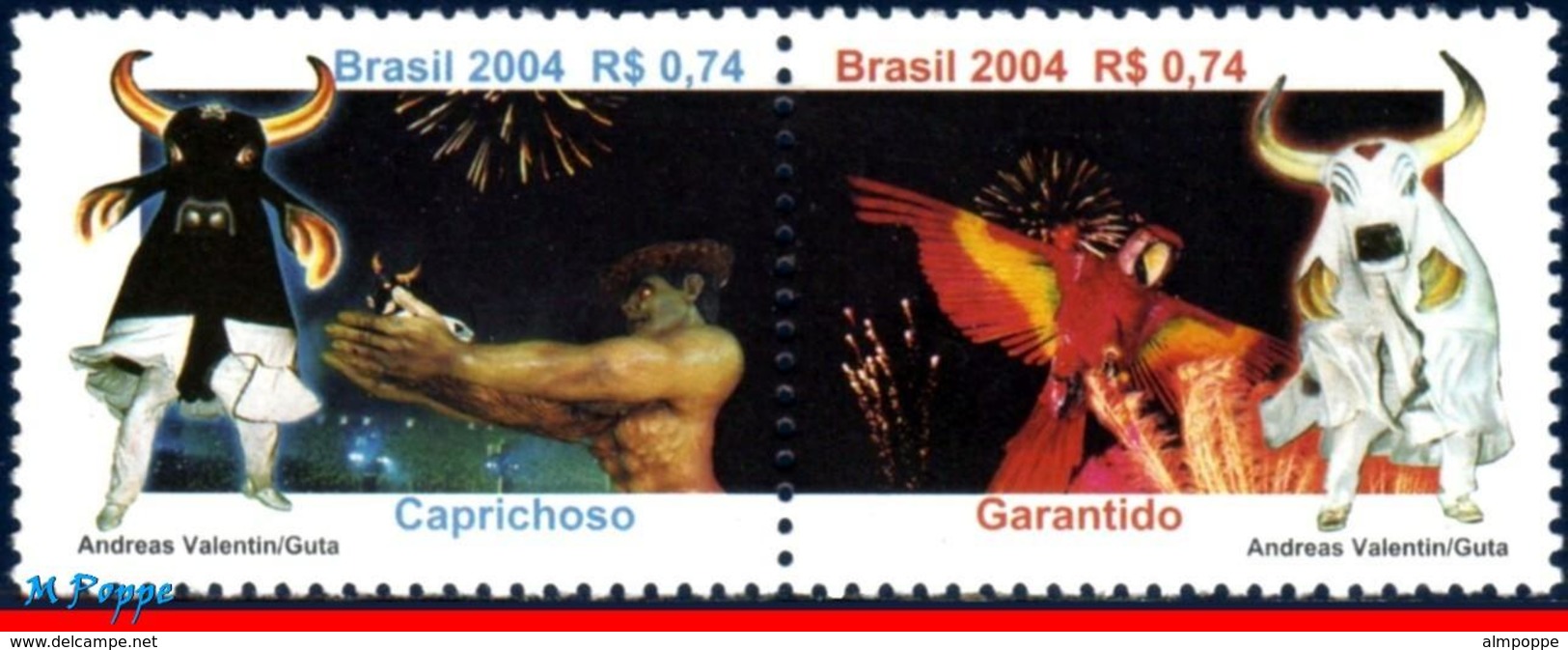 Ref. BR-2929 BRAZIL 2004 FOLKLORE, PARINTINS FESTIVAL,, PARROT, BIRDS, OX, MI# 3374-75, SET MNH 2V Sc# 2929 - Kühe