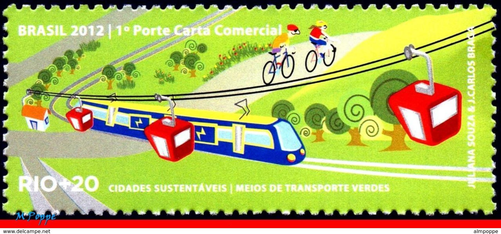 Ref. BR-3218L BRAZIL 2012 RAILWAYS, TRAINS, RIO+20, UN, TRANSPORT, MEANS GREENS, TRAIN, BIKE, MNH 1V Sc# 3218L - Trains