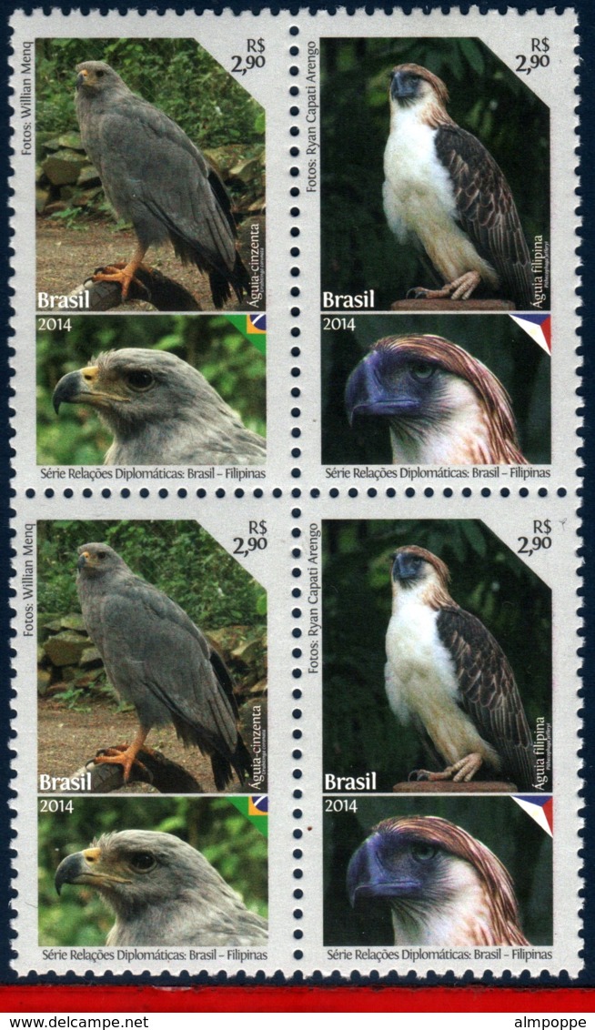 Ref. BR-3278-Q BRAZIL 2014 BIRDS, DIPLOMATIC RELATIONS WITH, PHILIPPINES, EAGLES, BLOCK MNH 4V Sc# 3278 - Unused Stamps