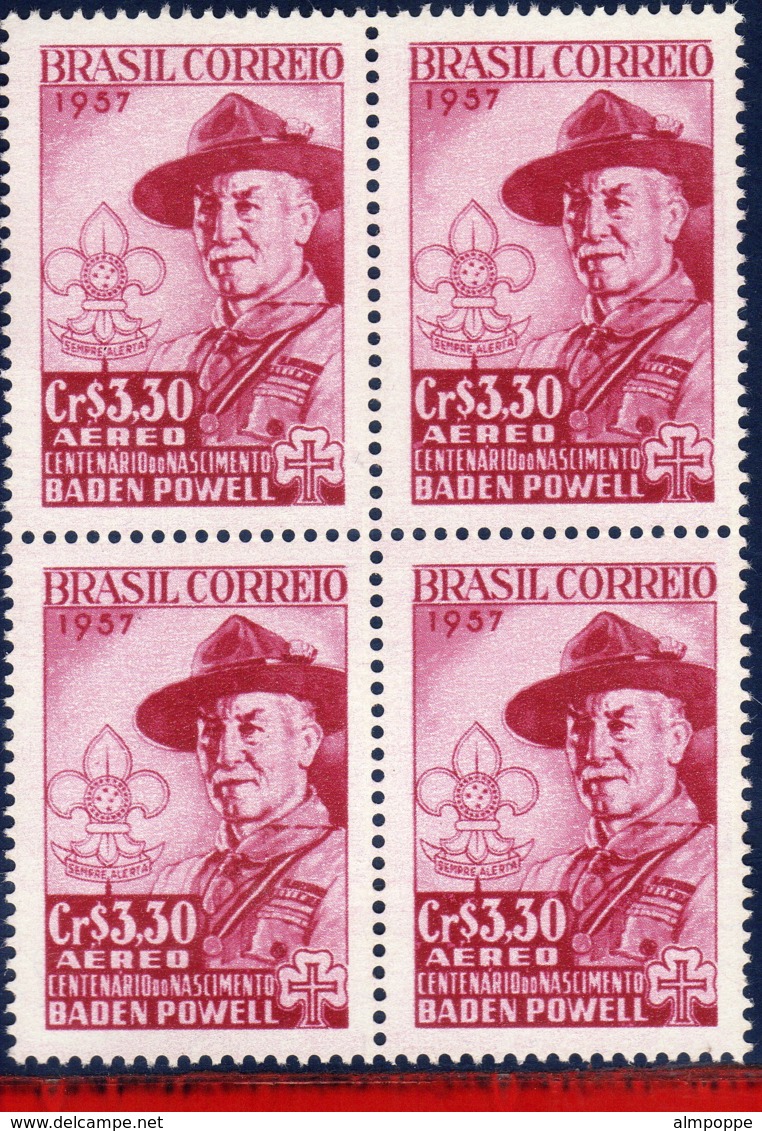 Ref. BR-C87-Q BRAZIL 1957 FAMOUS PEOPLE, LORD BADEN-POWELL, CENT., ANNIV., SCOUTING, MNH 4V Sc# C87 - Blocs-feuillets