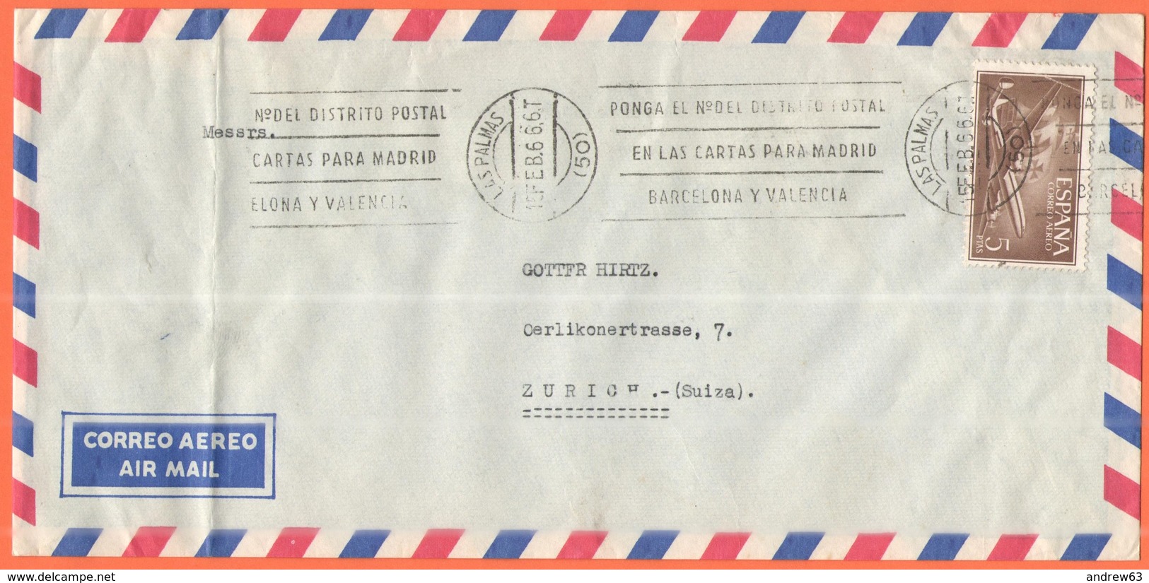 SPAGNA - ESPAÑA - Spain - Espagne - 1966 - 5 Correo Aereo + Flamme - Correo Aereo - Viaggiata Da Las Palmas Per Zurich, - Storia Postale