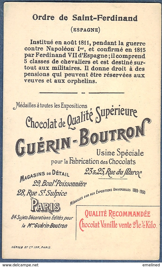 Chromo Chocolat Guerin-Boutron Décorations Françaises Et étrangères Ordre De Saint Ferdinand Espagne 1811 Ferdinand VII - Guerin Boutron