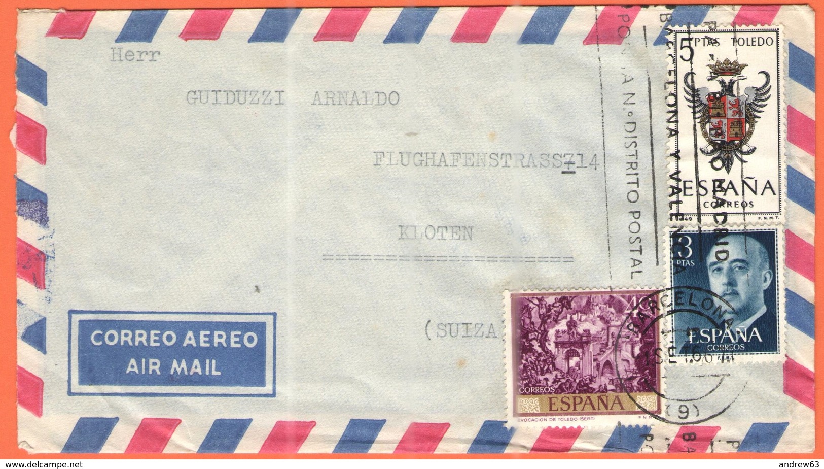 SPAGNA - ESPAÑA - Spain - Espagne - 1966 - 5 Toledo + 3 + 40 Cts Evocacion De Toledo + Flamme - Correo Aereo - Viaggiata - Lettres & Documents