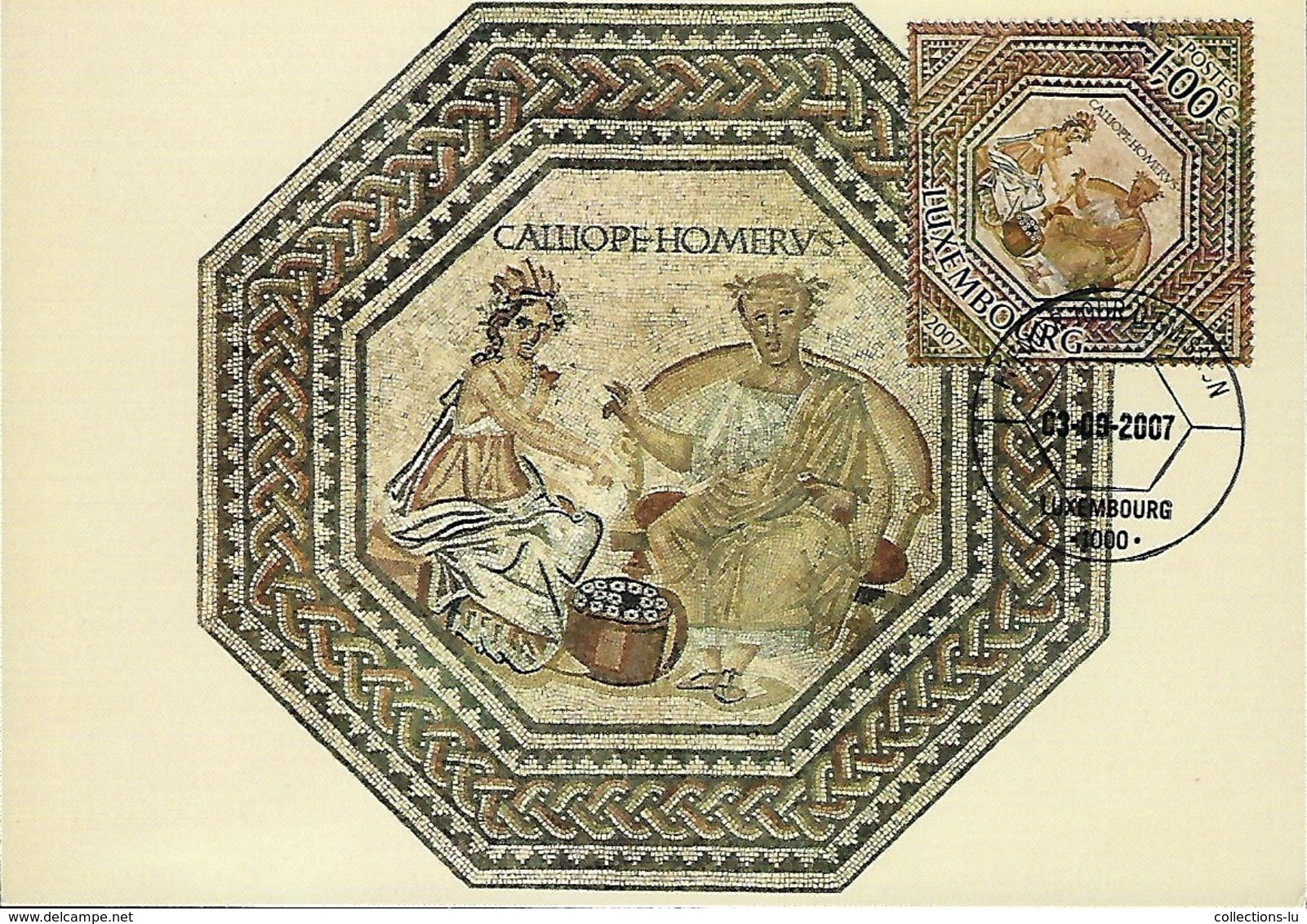 3.9.2007  -  Mosaique De Vichten,vers 240 Ap. J.C.  Calliope,Musé De La Poésieépique,et Homère,le Prince Des Pôetes - Cartes Maximum