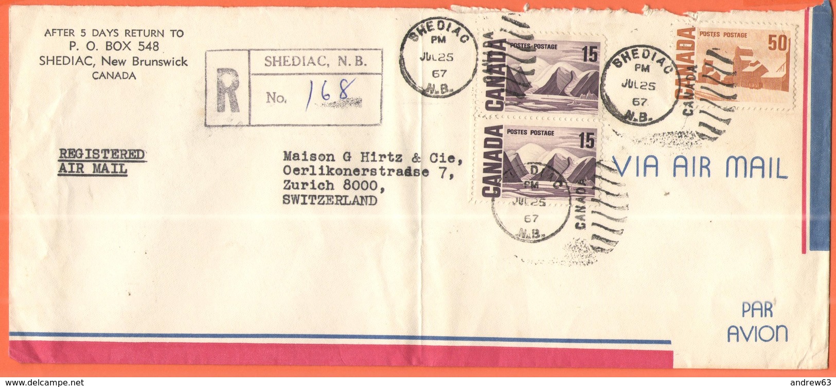 CANADA - 1967 - 2 X 15 + 50 - Registered Air Mail - Viaggiata Da Shediac Per Zurich, Suisse - Storia Postale