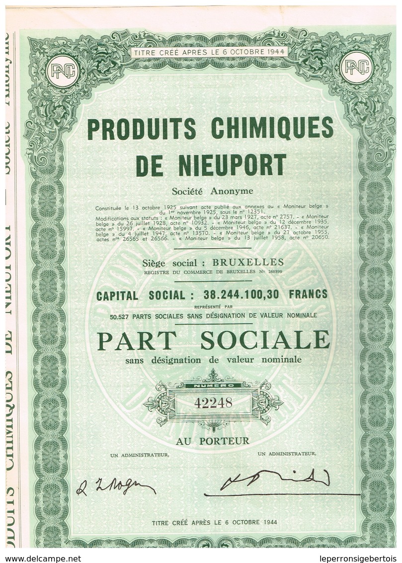 Ancien Titre - Produits Chimiques De Nieuport - Société Anonyme -Titre De 1958 - Industry