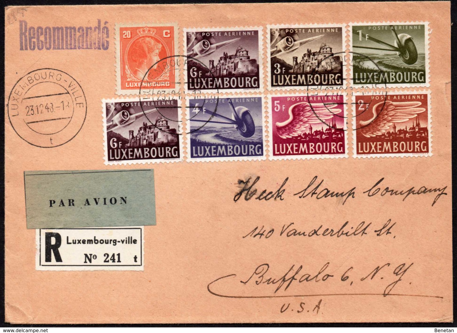 Luxembourg To USA Registered Nº 241t Airmail Cover 1948 - Briefe U. Dokumente