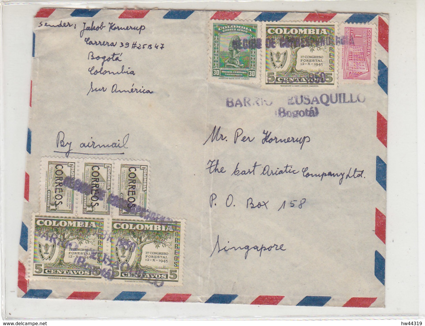 Brief Aus BOGOTA 17.4.1950 Nach Singapore / Senkrecht Gefaltet - Vignette Rückseitig - Colombia