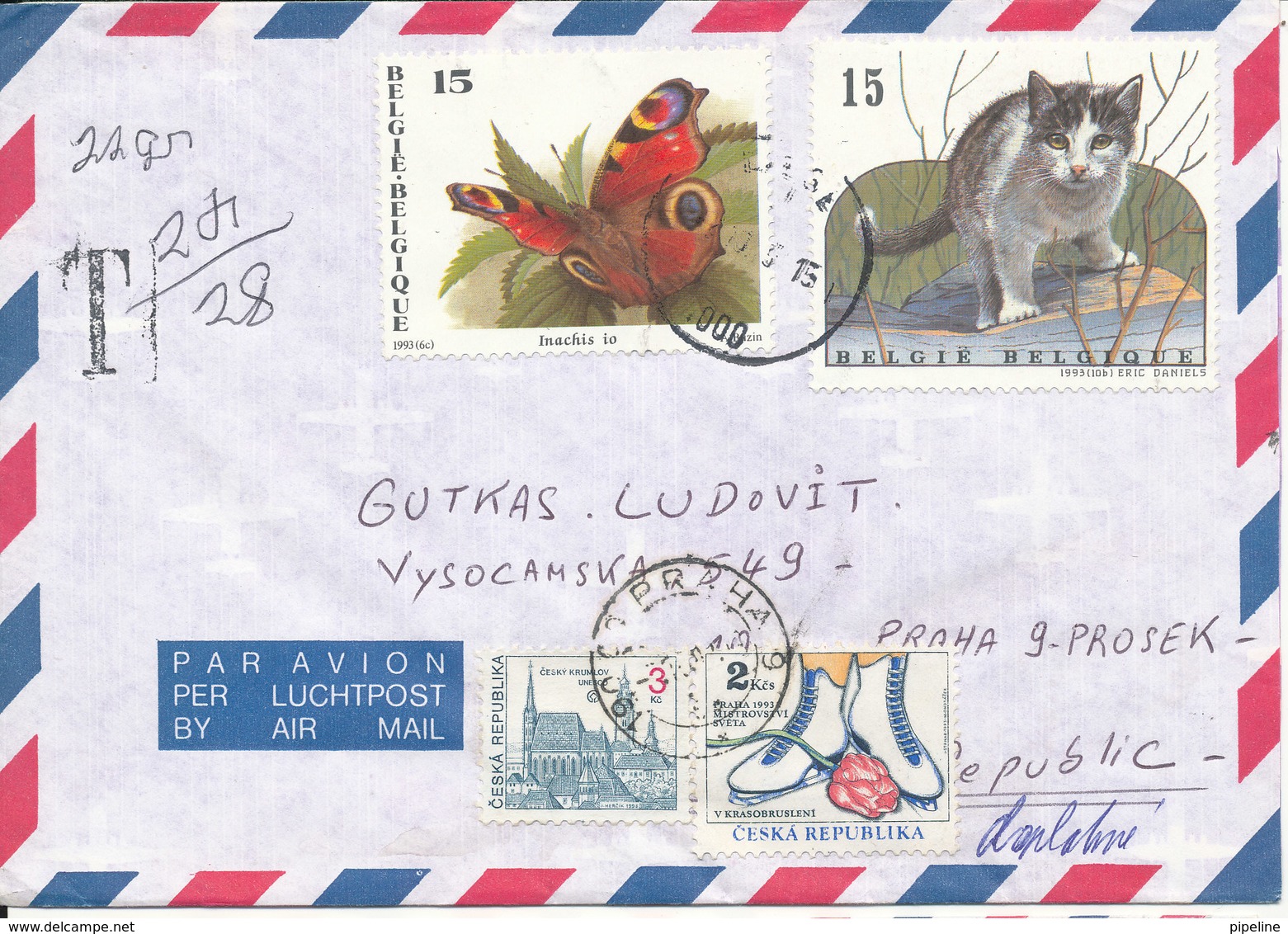 Belgium Underpaid Air Mail Cover Sent To Czech. Republic Topic Stamps + Czech Republic Stamps - Covers & Documents