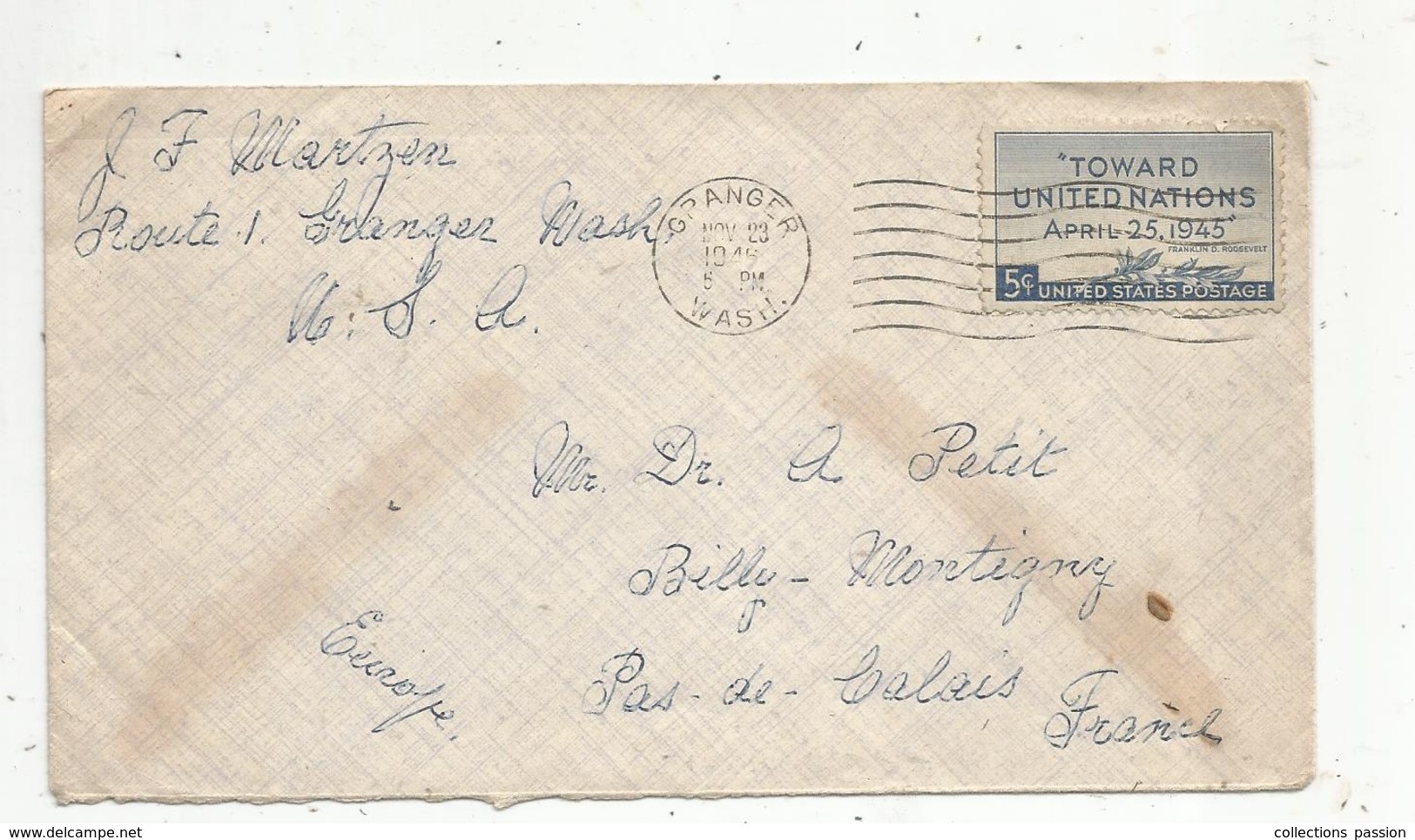 Lettre, Etats Unis , GRANGER ,  WASH. ,  1945 - Briefe U. Dokumente