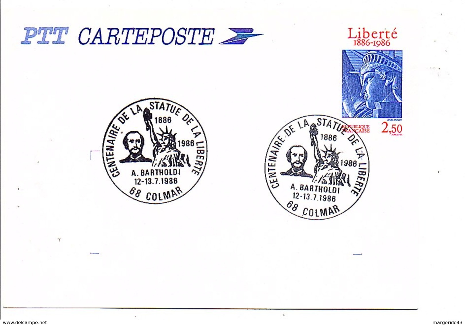 ENTIER CARTE LIBERTE + OBLITERATION CENTENAIRE STATUE DE LA LIBERTE à COLMAR 1986 - Cartoline Postali Ristampe (ante 1955)