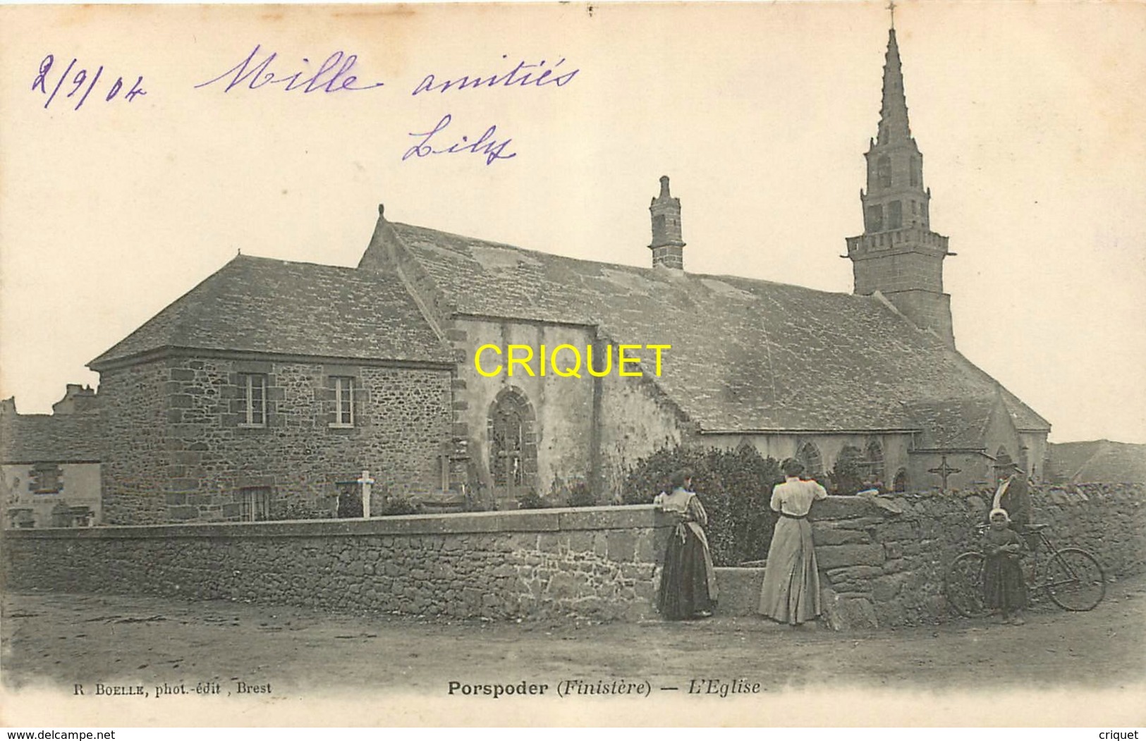 29 Porspoder, L'Eglise, N° 2, Femmes Et Fillette En Avant, Cycliste ..., Affranchie 1904 - Autres & Non Classés