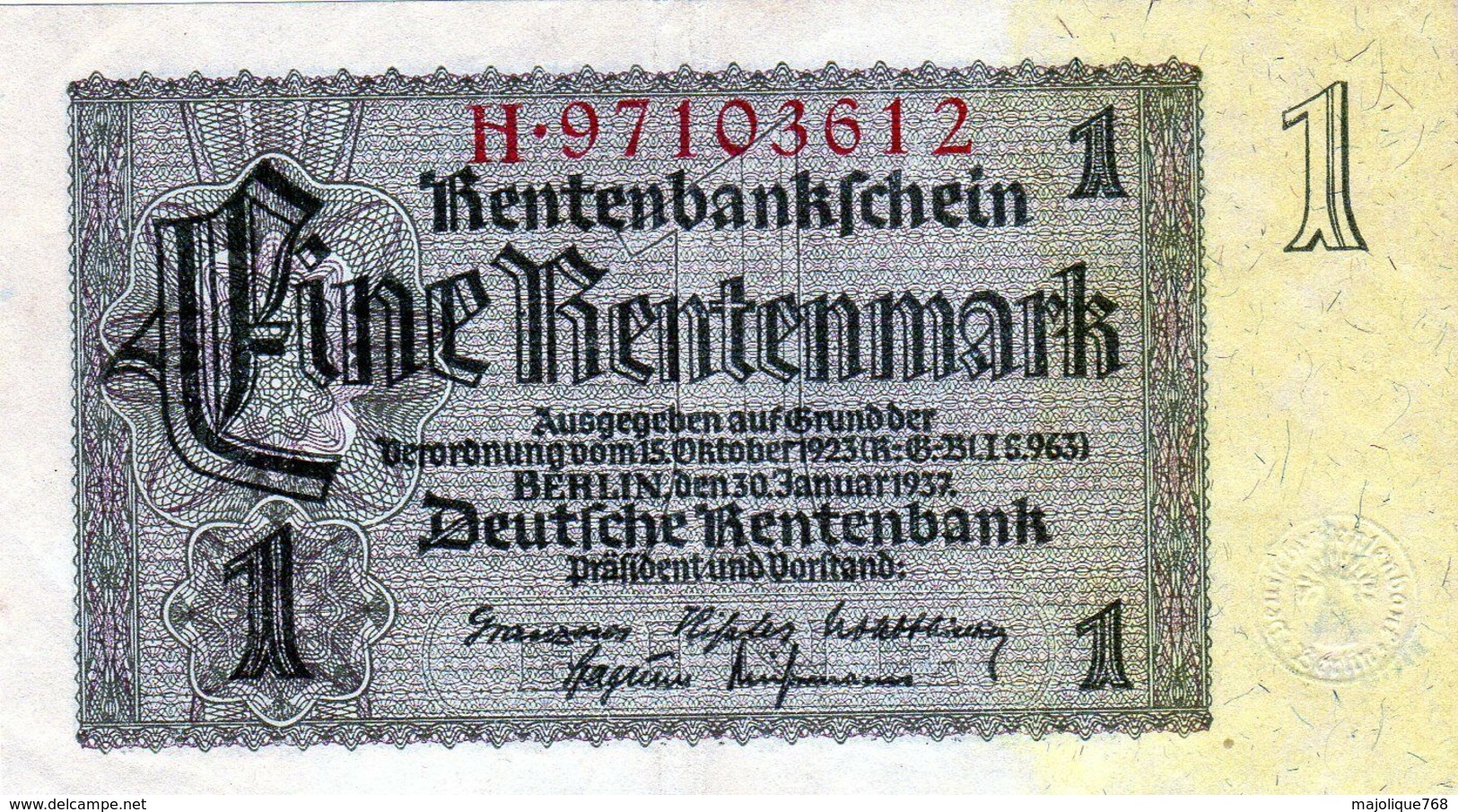 Billet Allemand 1 Rentenmark Le 30-1-1937- 8 Chiffres En T T B - - 1 Rentenmark