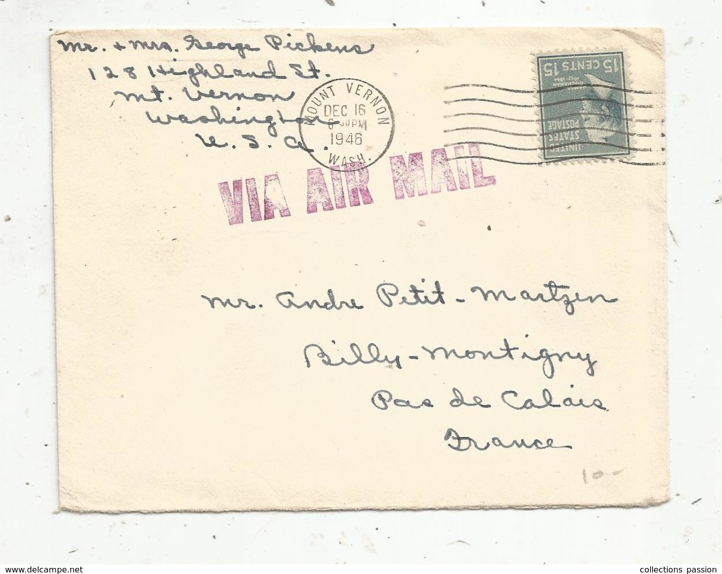 Lettre, Etats Unis , MOUNT VERNON ,  WASH. ,1946. ,  Via Air Mail, Vignette Greetings1946, 2 Scans - Cartas & Documentos