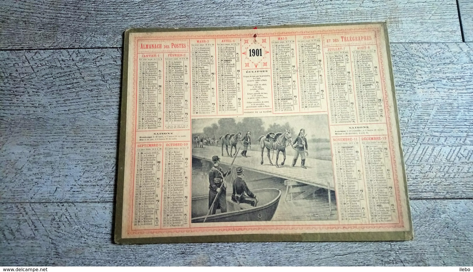 Calendrier 1901  Almanach Des Postes Passage De La Rivière Militaire Signé Eugène Chaperon - Grand Format : 1901-20