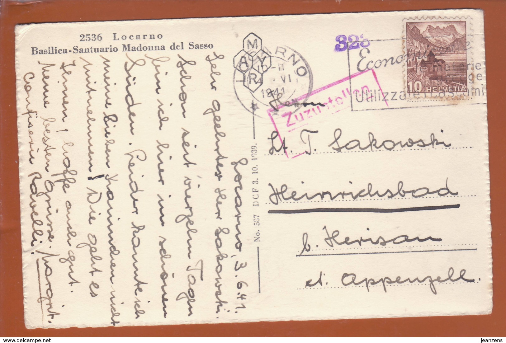 Carte à Vue "Locarno" Obl. Locarno 04.06.1941 -> Camp Heinrichsbad - Zensur/Censored/censure Internement 323 + DCF - Lettres & Documents