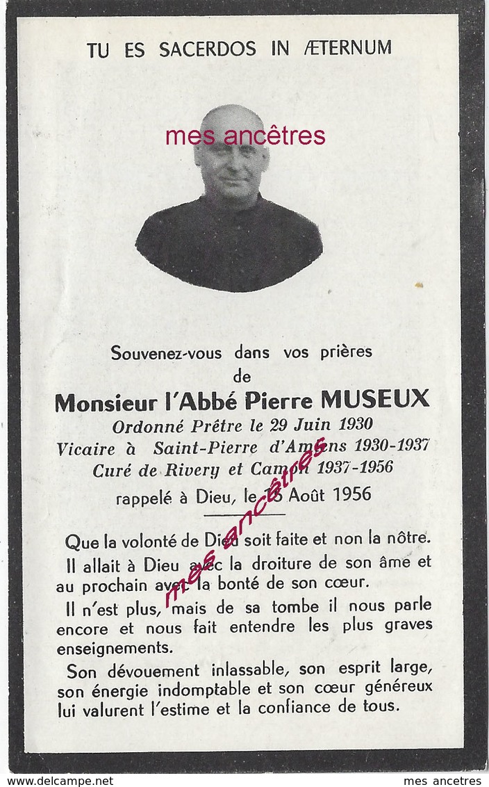 Faire-part De Décès 1956-abbé Pierre MUSEUX Vicaire St Pierre D'Amiens Curé Rivery Et Camon - Obituary Notices