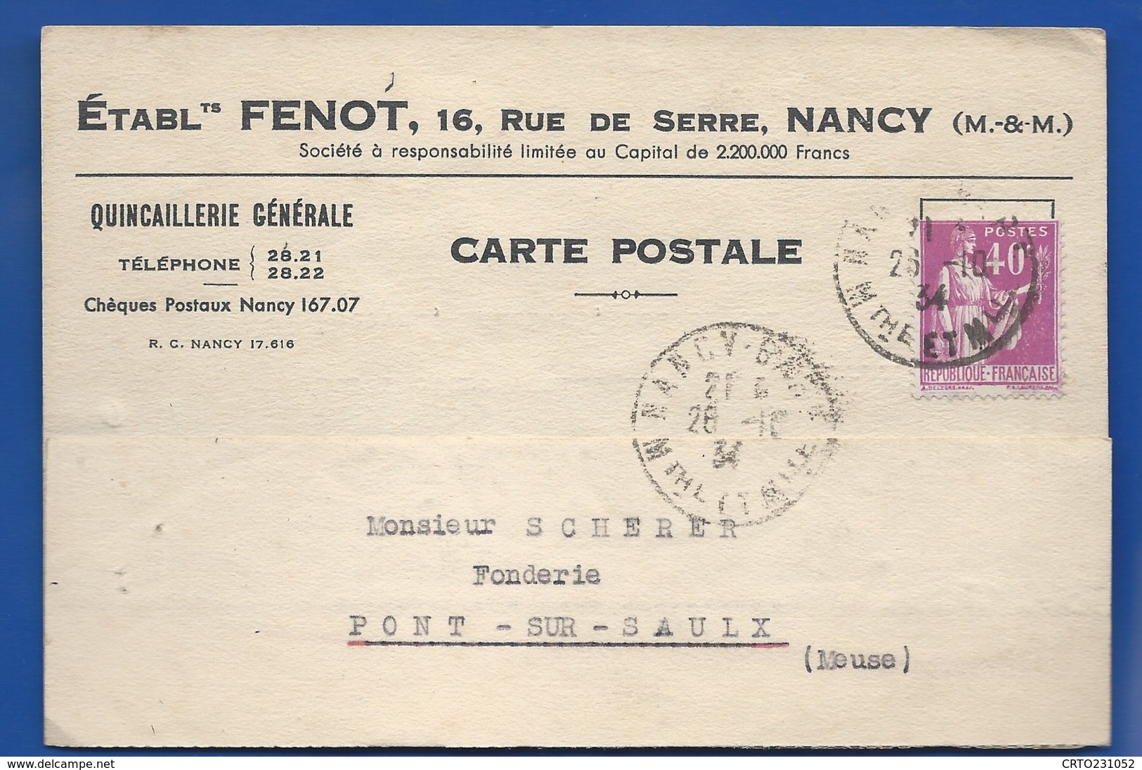 NANCY  Carte à Entête D'Entreprise   Quincaillerie FENOT  16 Rue De Serre      écrite En 1934 - Nancy