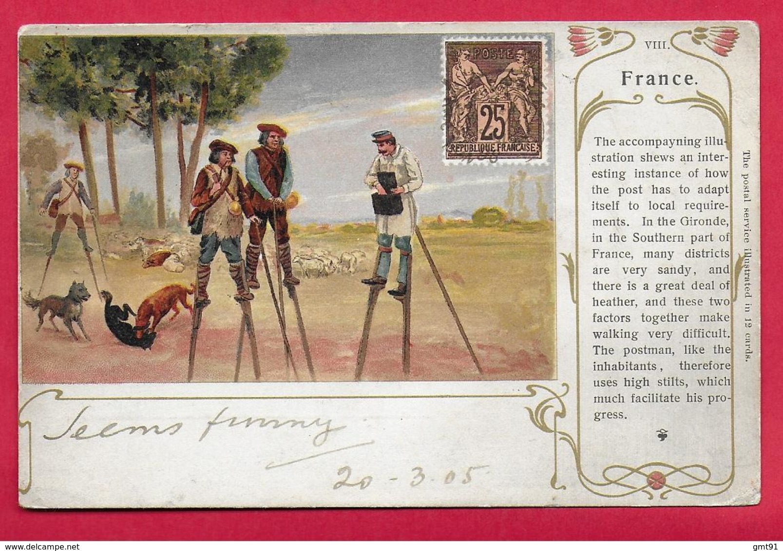 Carte Postale Facteur A Echasse Simili Timbre Type SAGE 25 C - Andere & Zonder Classificatie