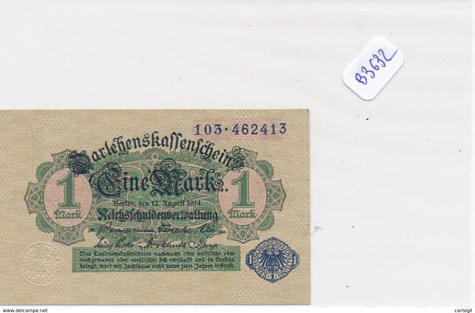 Numismatique -B3632 -Allemagne -1Mark Darlehnskassenshein 1914 ( Catégorie,  Nature état ... Scans)-Envoi Gratuit - Other & Unclassified