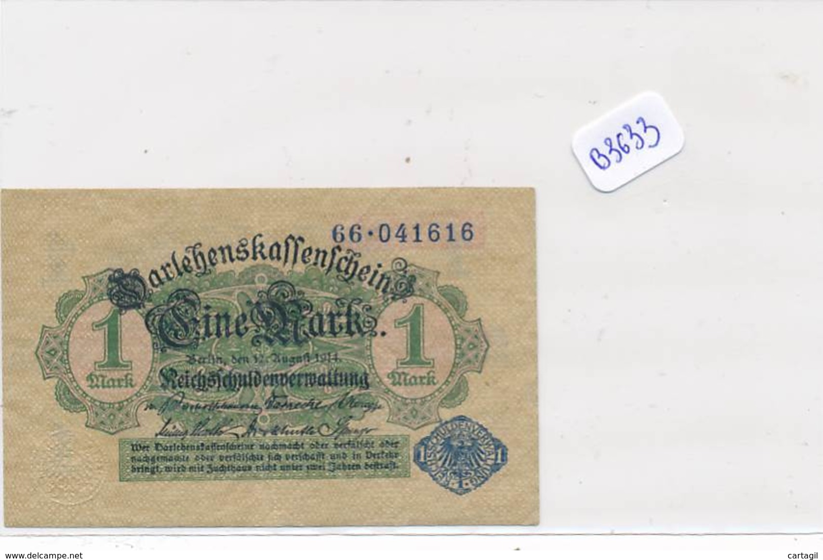 Numismatique -B3633 -Allemagne -1Mark Darlehnskassenshein 1914 ( Catégorie,  Nature état ... Scans)-Envoi Gratuit - Other & Unclassified