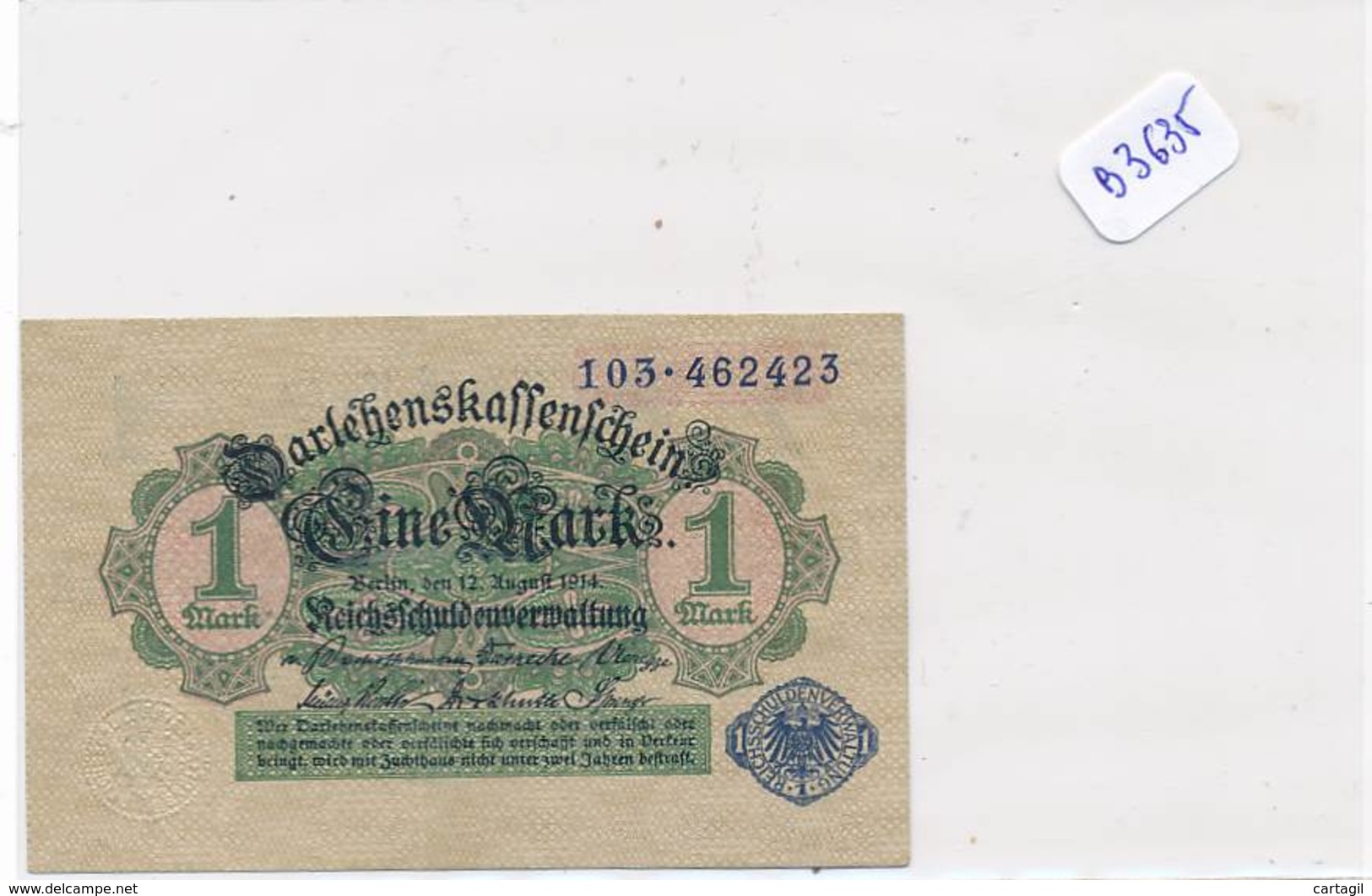 Numismatique -B3635 -Allemagne -1Mark Darlehnskassenshein 1914 ( Catégorie,  Nature état ... Scans)-Envoi Gratuit - Autres & Non Classés