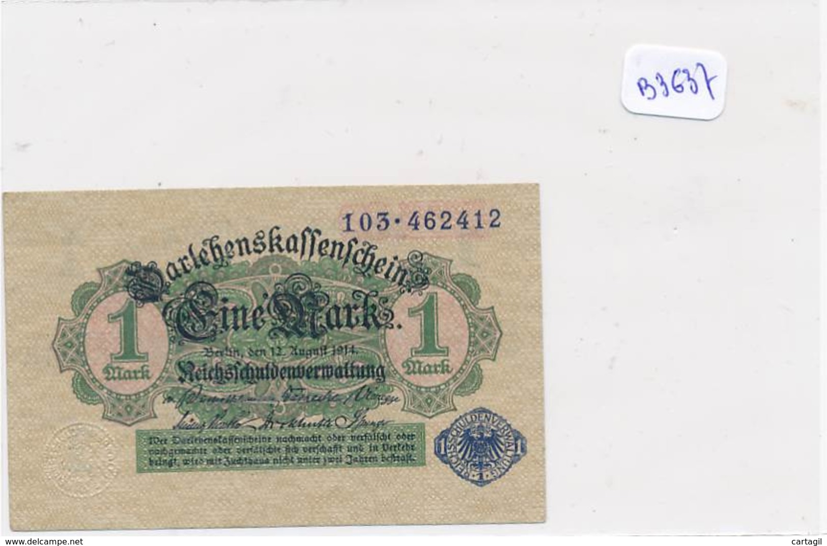 Numismatique -B3637 -Allemagne -1Mark Darlehnskassenshein 1914 ( Catégorie,  Nature état ... Scans)-Envoi Gratuit - Sonstige & Ohne Zuordnung