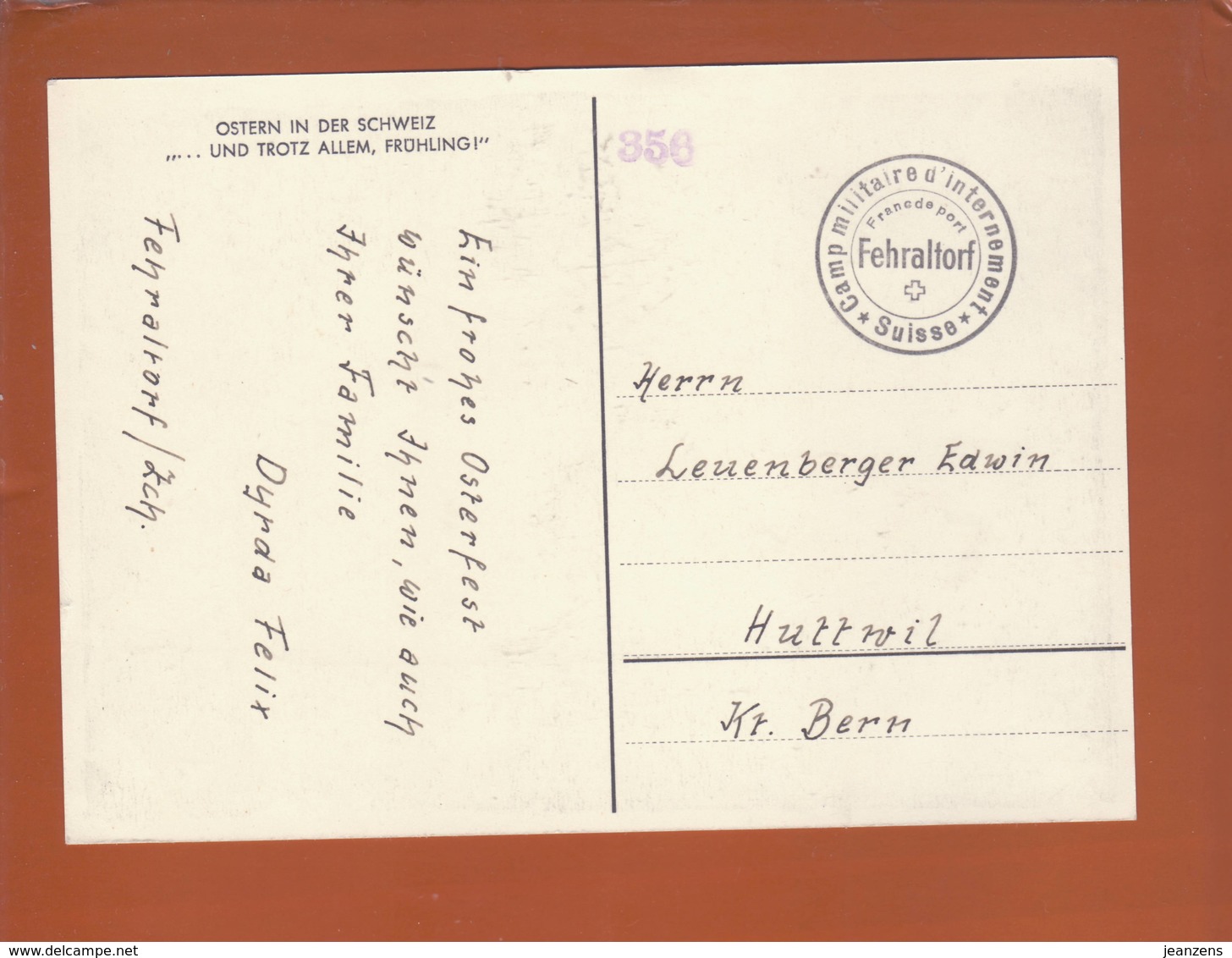 Suisse - Carte "Ostern In Der Schweiz" - Polonais - Camp De Fehraltorf 1941  -> Huttwil - Militaria