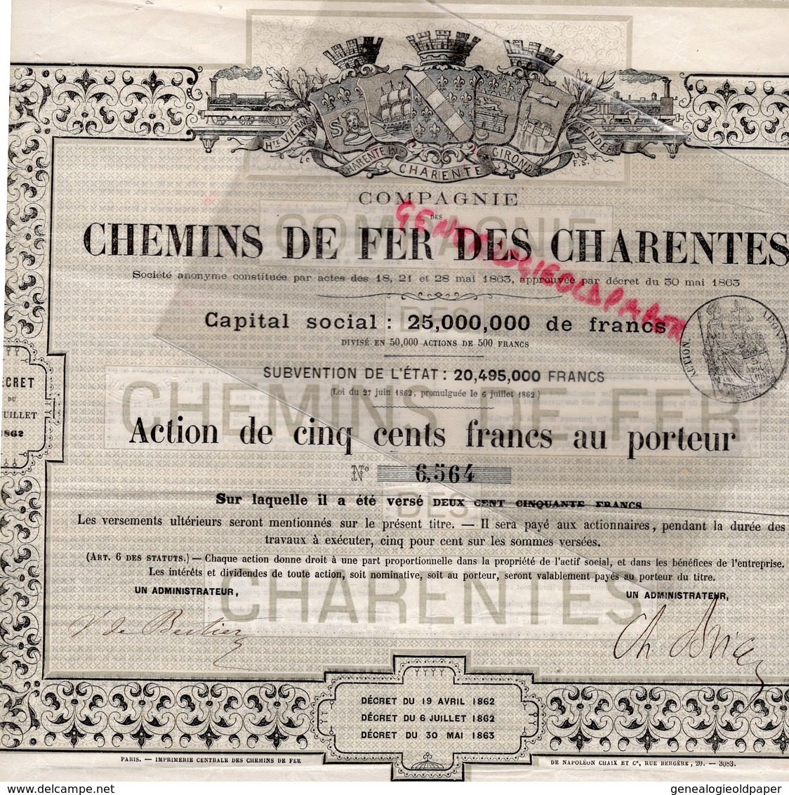 16-17-87-33- ANGOULEME-ACTION DE 500 FRANCS CHEMINS DE FER DES CHARENTES-CHARENTE -HAUTE VIENNE-GIRONDE-GARE TRAIN - Railway & Tramway