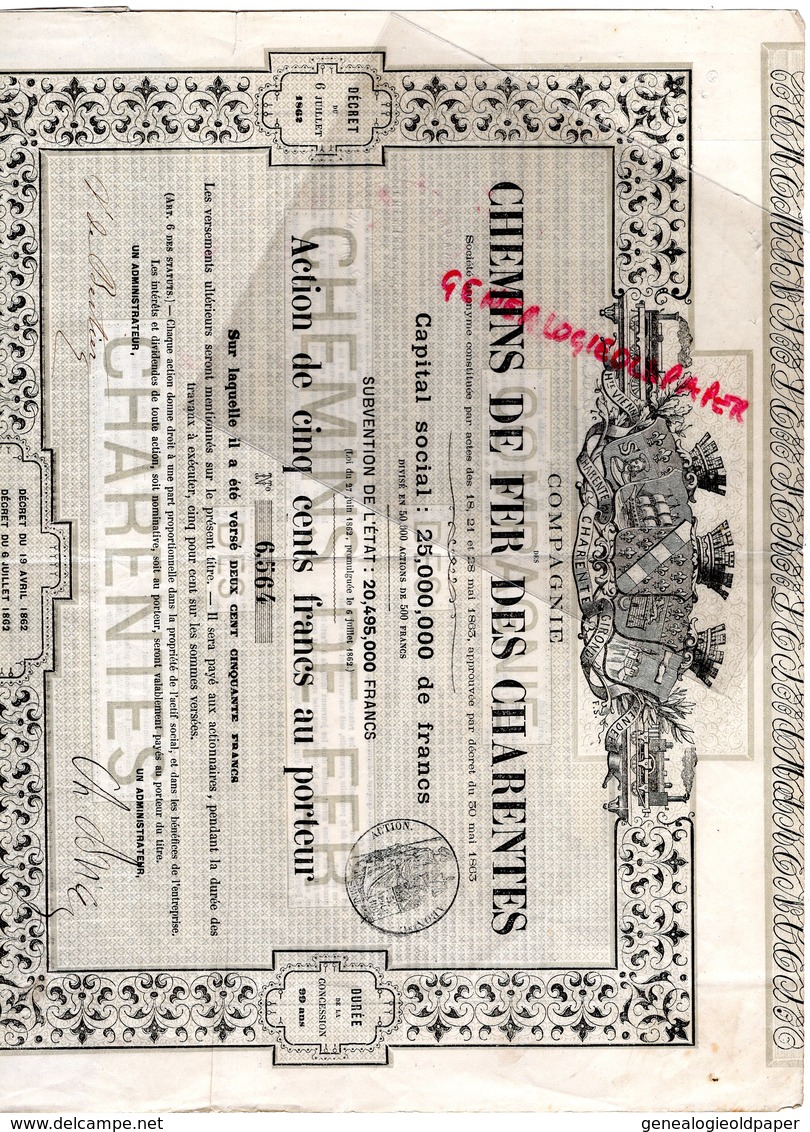 16-17-87-33- ANGOULEME-ACTION DE 500 FRANCS CHEMINS DE FER DES CHARENTES-CHARENTE -HAUTE VIENNE-GIRONDE-GARE TRAIN - Bahnwesen & Tramways