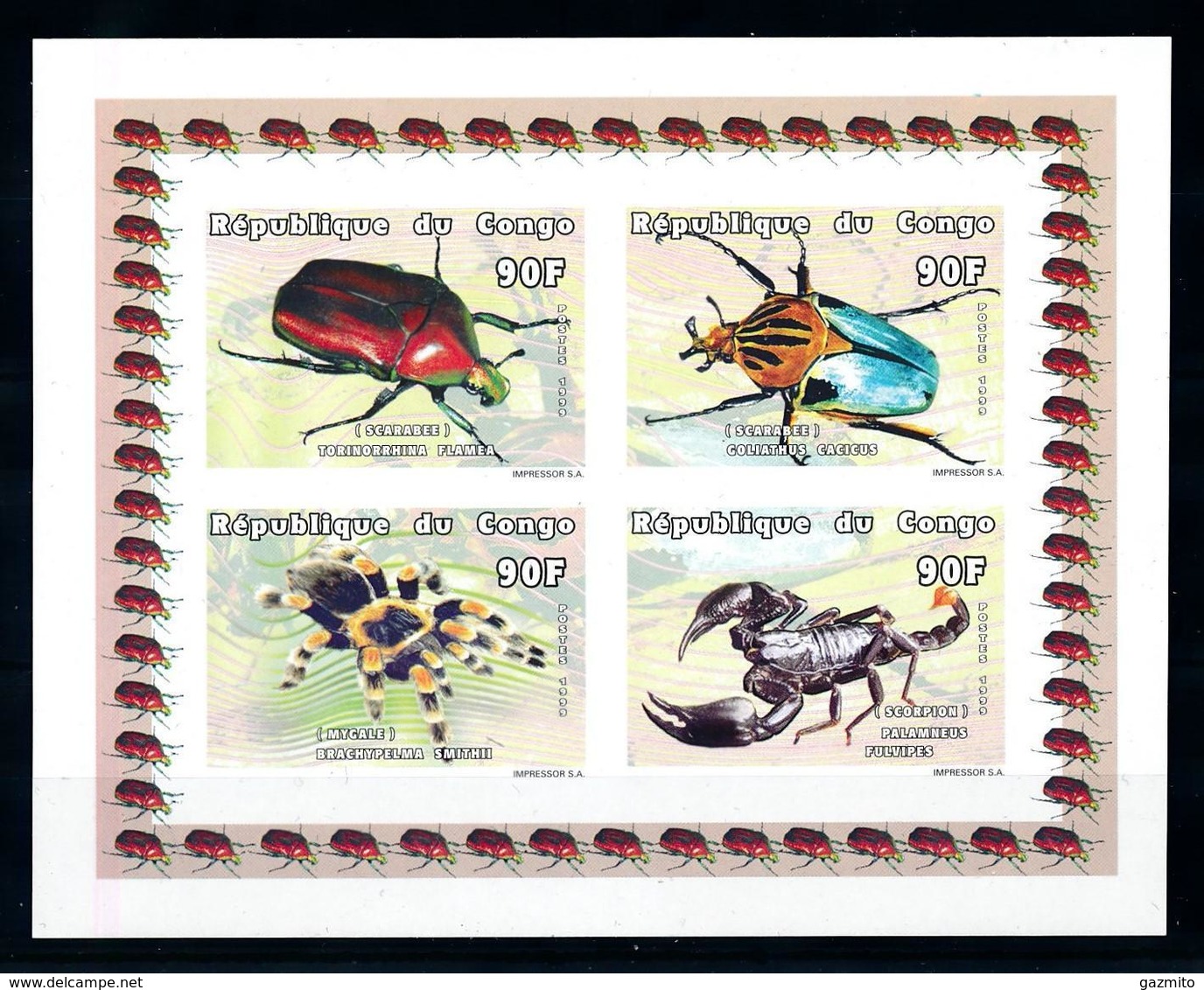 Congo Brazaville 1999, Insects, Spiders, Scorpions, 4val Sheetlet IMPERFORATED - Spiders