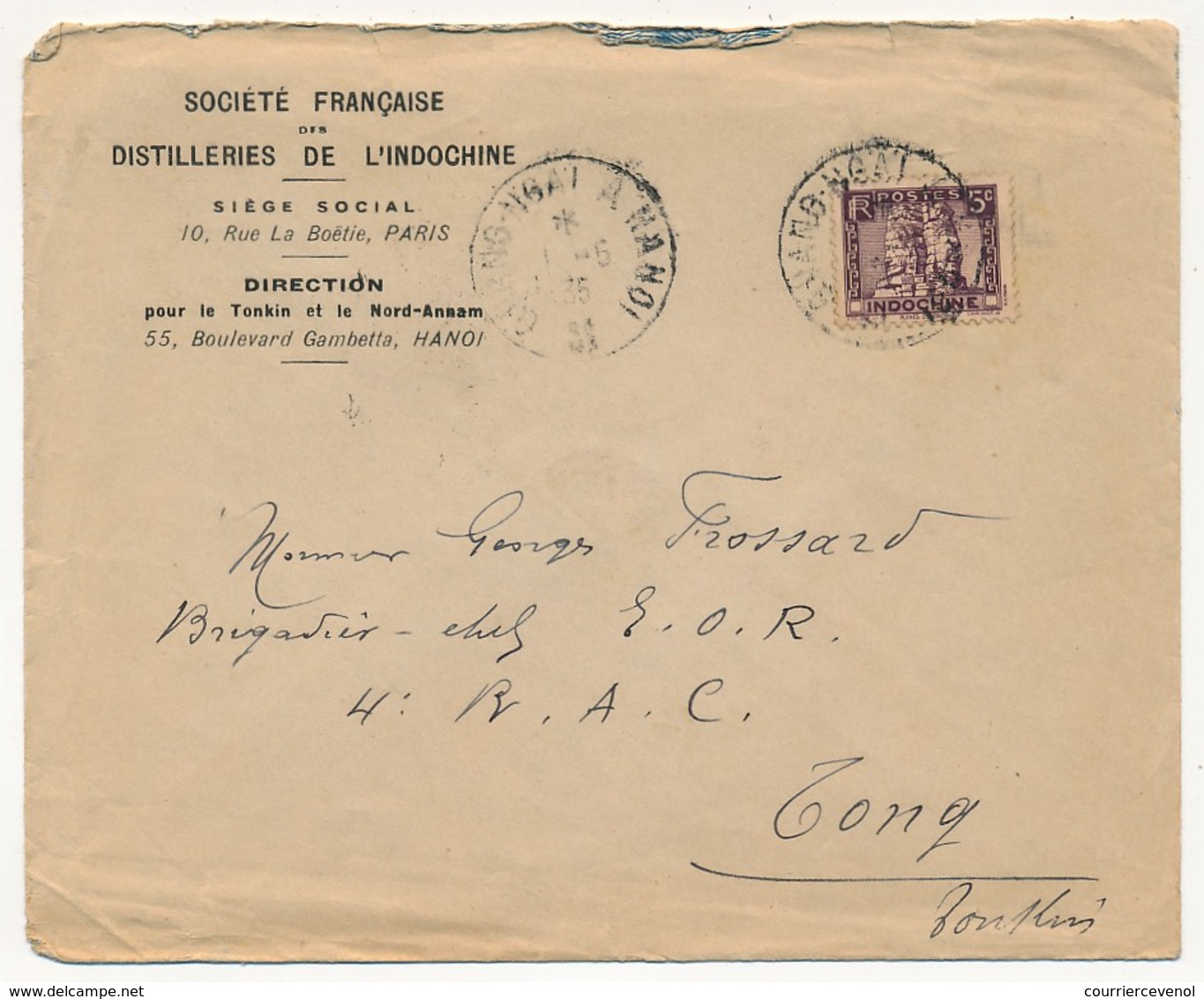 INDOCHINE - Enveloppe Oblitérée "Quang-Ngai à Hanoi" 1-5-1935 (Ferroviaire Ambulant/Convoyeur) - Lettres & Documents