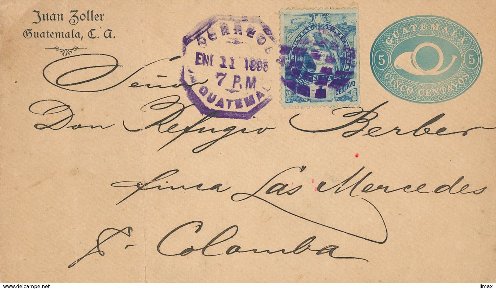 Ganzsache Brief Juan Zoller An Don Refugio Berber Finca Las Mercedes San Colomba 1895 5 Centavos - Guatemala