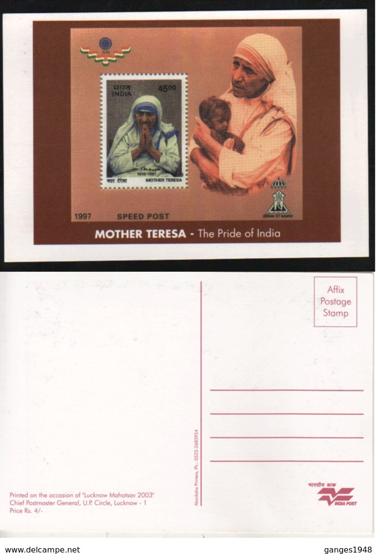 India 2003 P&T Issued Mother Teresa MS Printed Stamp Card  # 19157  Inde Indien - Mother Teresa
