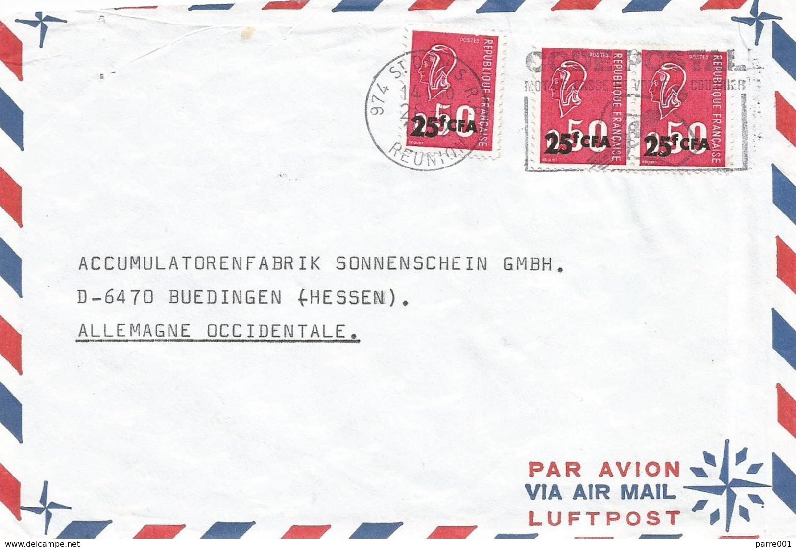 Reunion 1972 St Denis Marianne CFA Overprint Cover - Brieven En Documenten