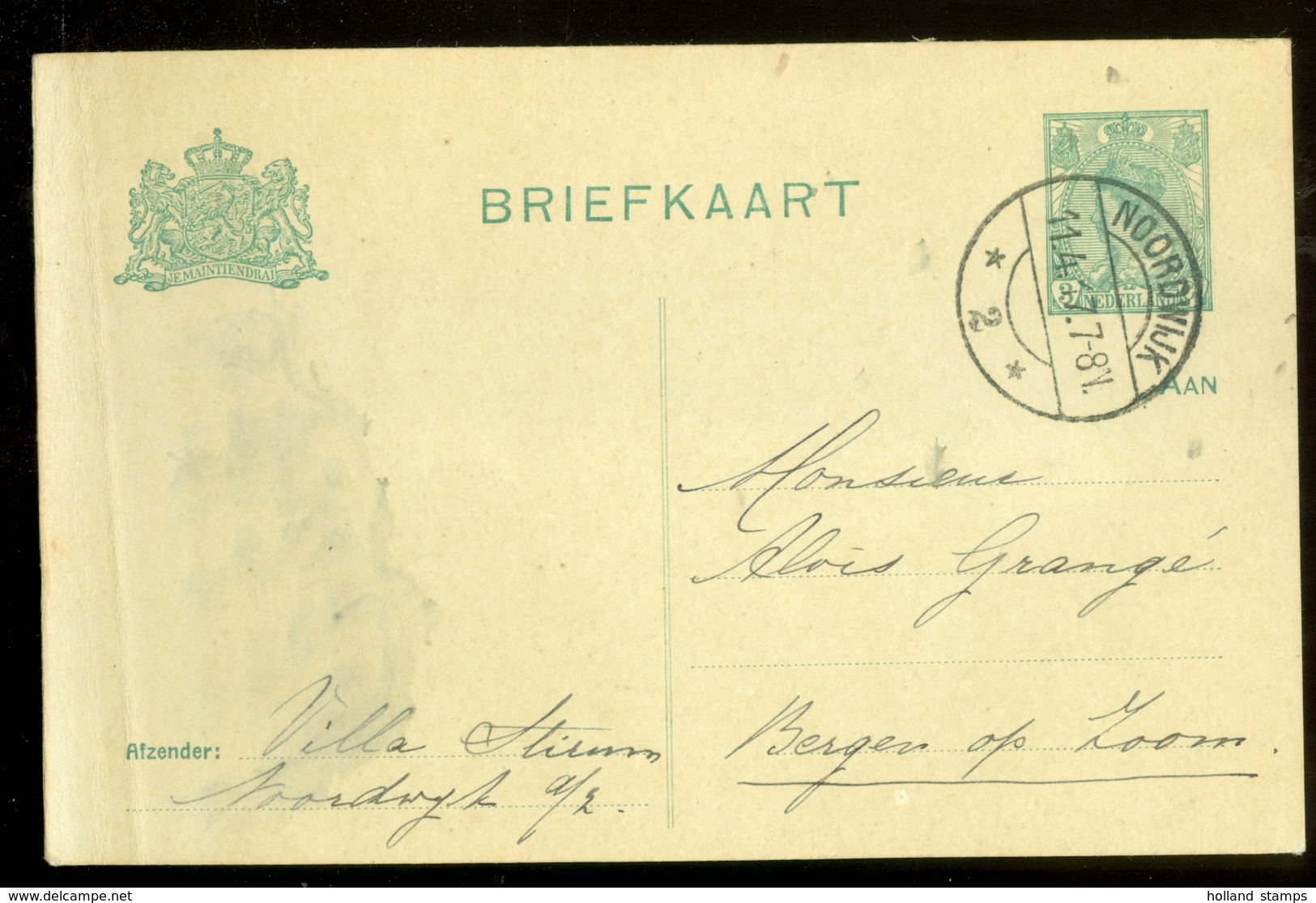 BRIEFKAART Uit 1917 * GELOPEN Van NOORDWIJK Naar BERGEN Op ZOOM  (11.559n) - Postwaardestukken