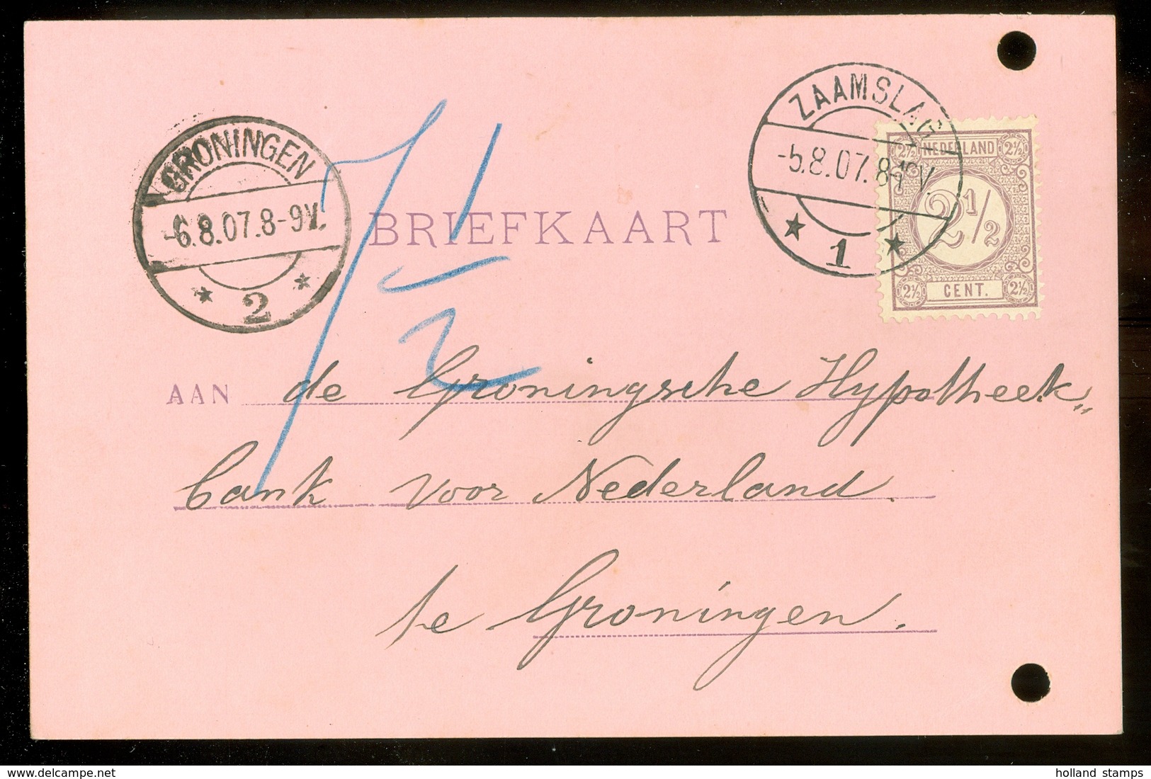 HANDGESCHREVEN BRIEFKAART Uit 1907 * GELOPEN Van ZAAMSLAG Naar GRONINGEN * NVPH 33   (11.559o) - Covers & Documents