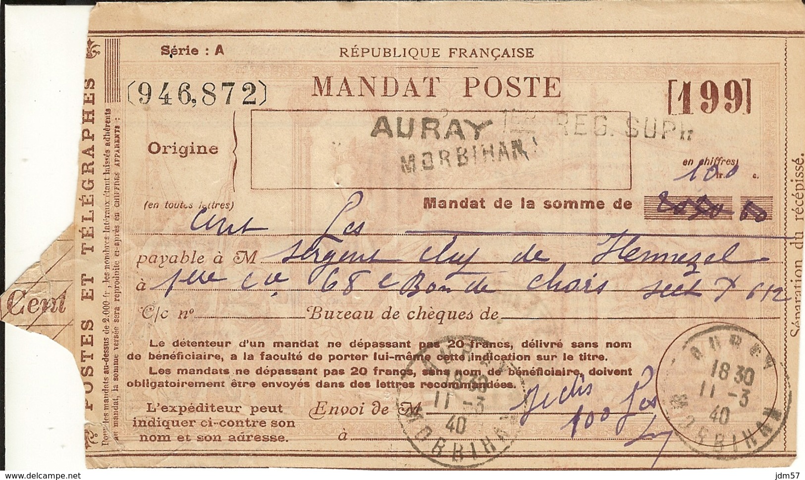 Mandat Poste D'AURAY Pour Le Secteur Postal Militaire 612 - Lattaquie (Levant) 11/03/40- Bat. De Chars De Combat - 1921-1960: Période Moderne