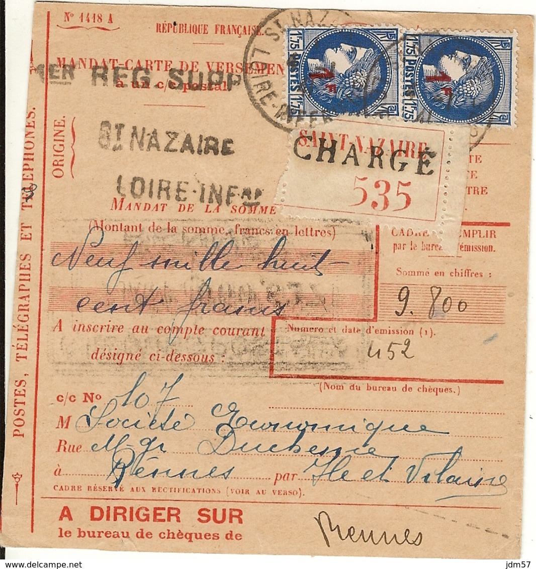 Mandat Chargé De Versement De St Nazaire Pour Rennes. Affranchis Paire N° 486 - Janvier 1941 - 1921-1960: Période Moderne