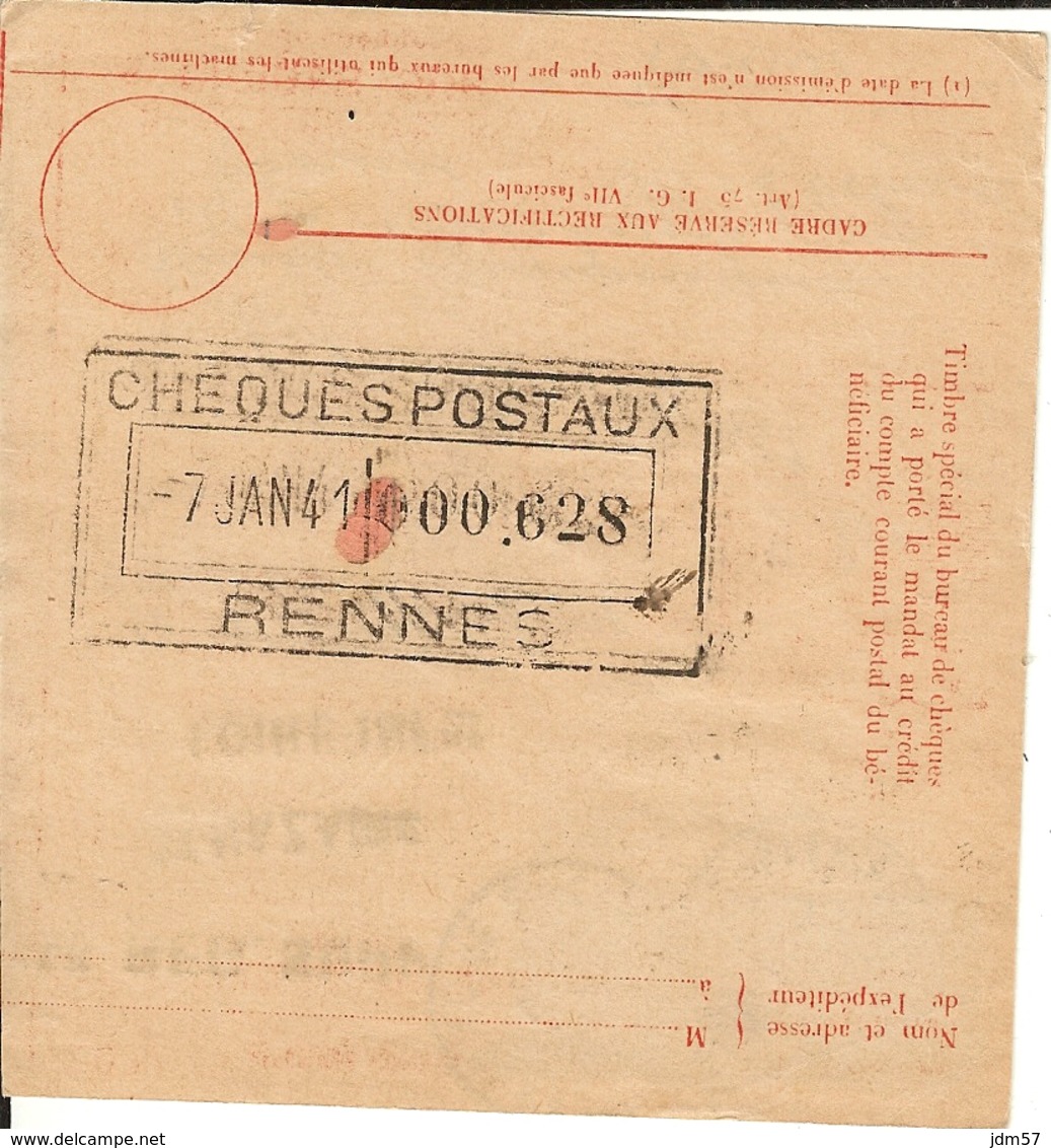 Mandat Chargé De Versement De St Nazaire Pour Rennes. Affranchis Paire N° 486 - Janvier 1941 - 1921-1960: Période Moderne