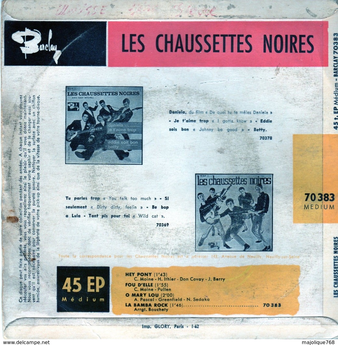 Disque Les Chaussettes Noires - Hey Pony - Barclay 70383 M - 1961 - Rock