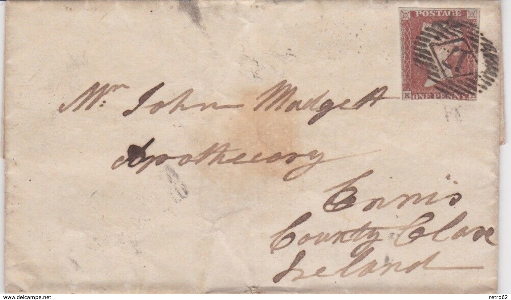 Great Britain-1845 1d Red On Blued Paper London Horizontal 17 Cover To Ireland - Covers & Documents