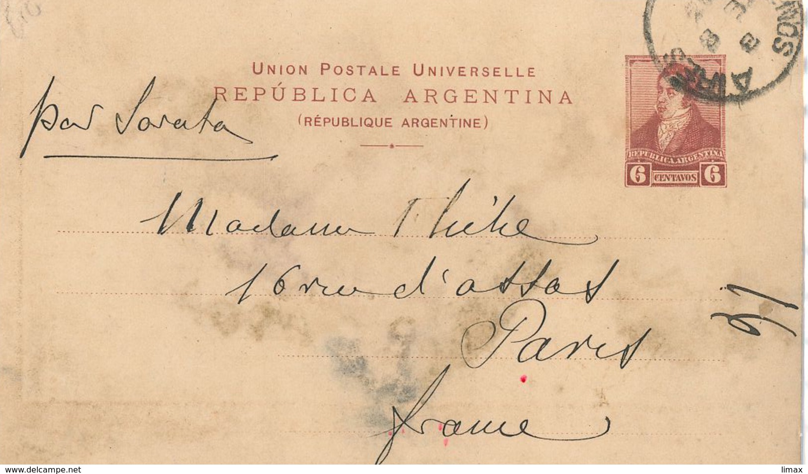 Ganzsache Karte 6c Nach Paris Ab Buenos Aires - Enteros Postales