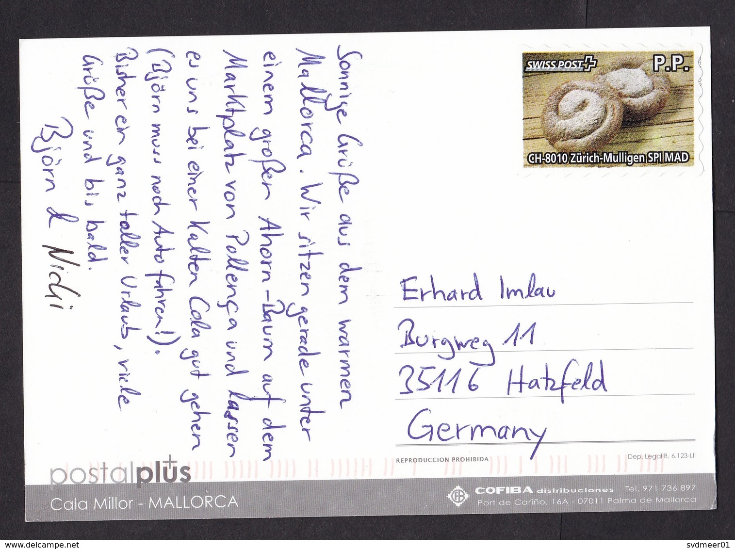 Spain: Picture Postcard Mallorca To Germany, 1 Stamp, Private Postal Service Swiss Post, Bread, Food (traces Of Use) - Brieven En Documenten