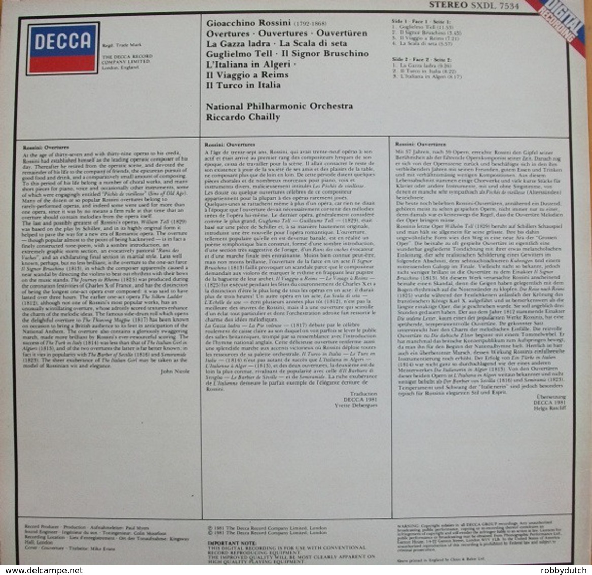 * LP *  ROSSINI - OVERTURES - RICCARDO CHAILLY / NATIONAL PHILHARMONIC ORCHESTRA (NL 1981 EX!!!) - Klassiekers