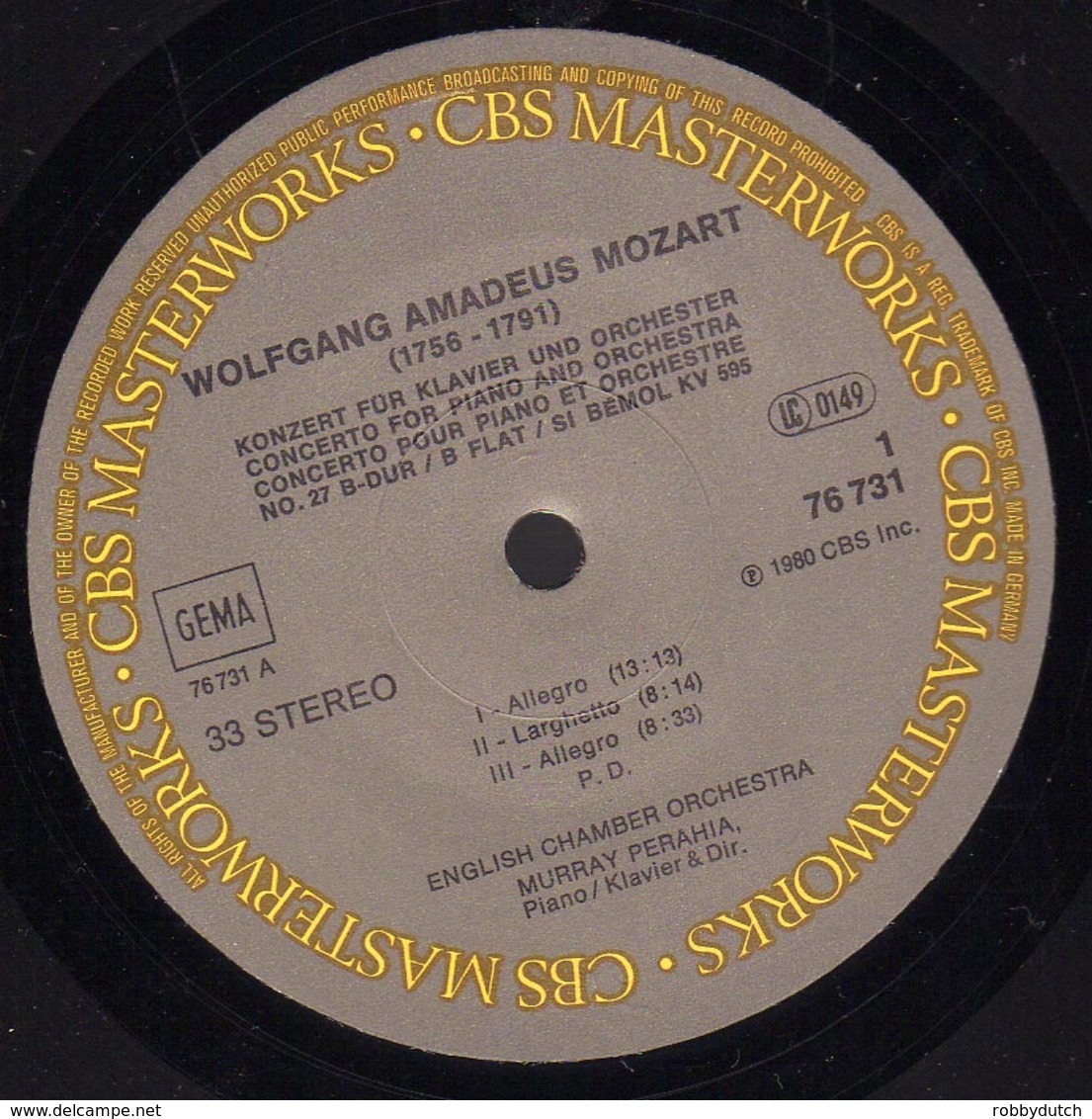 * LP *  MOZART PIANO CONCERTI No.12 & 27 - MURRAY PERAHIA On CBS Masterworks (Germany 1980 EX) - Klassiekers