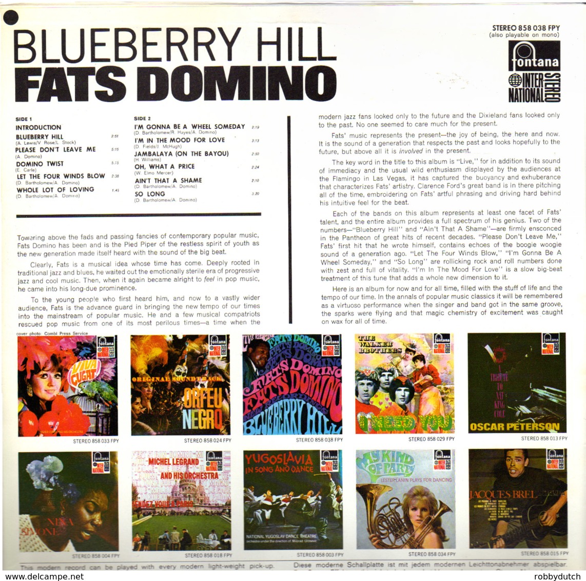 * LP *  FATS DOMINO - BLUEBERRY HILL LIVE (Holland 1967 EX!!! Rare) - Rock