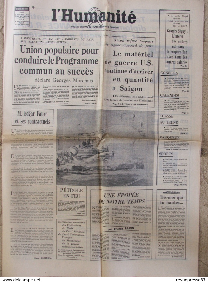 Journal L'Humanité (6 Nov 1972) Union Populaire - Fauqueux - Joe Hamman - G Séguy - 1950 à Nos Jours