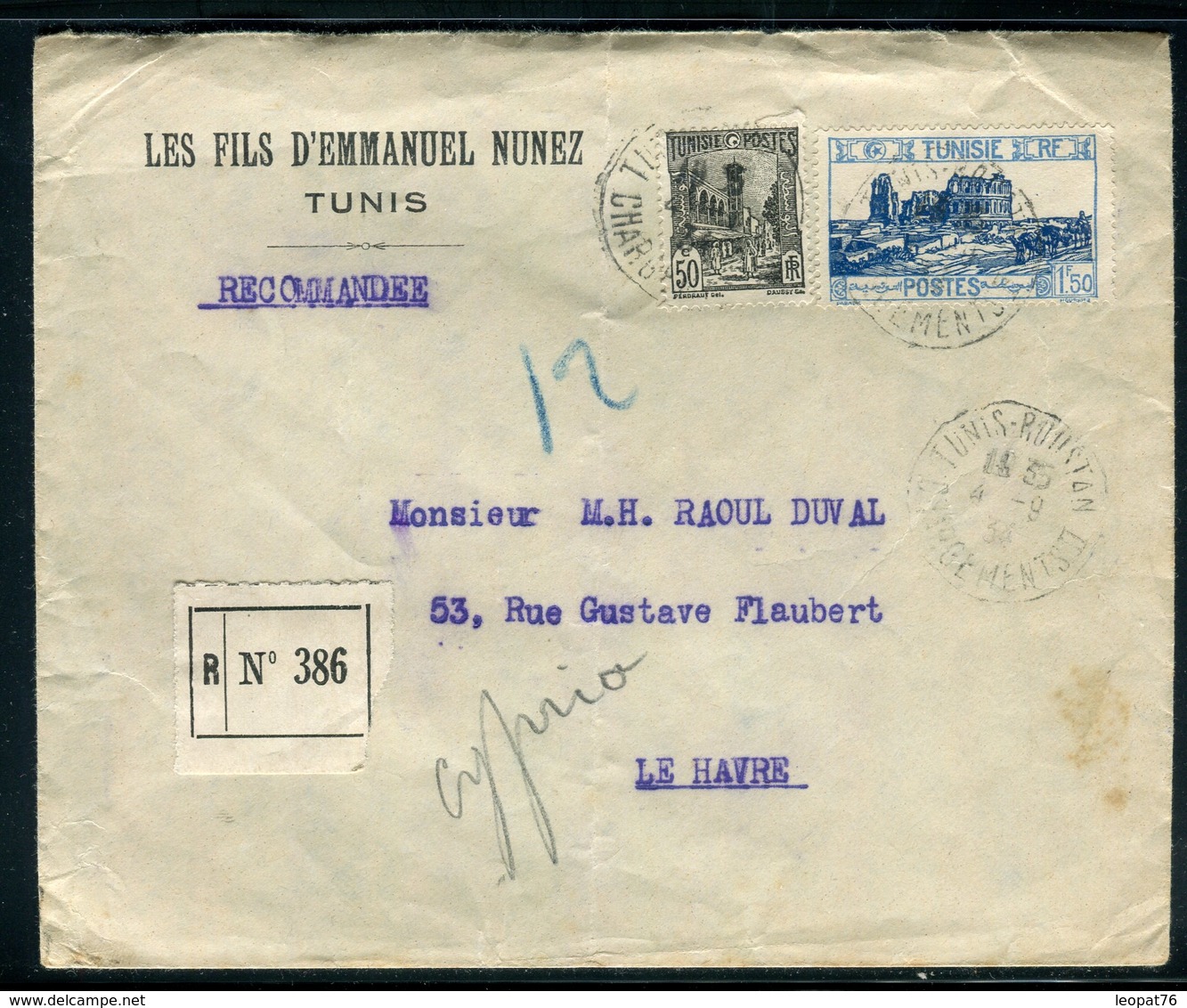 Tunisie - Enveloppe Commerciale De Tunis En Recommandé Pour Le Havre En 1934 -  Réf M32 - Storia Postale